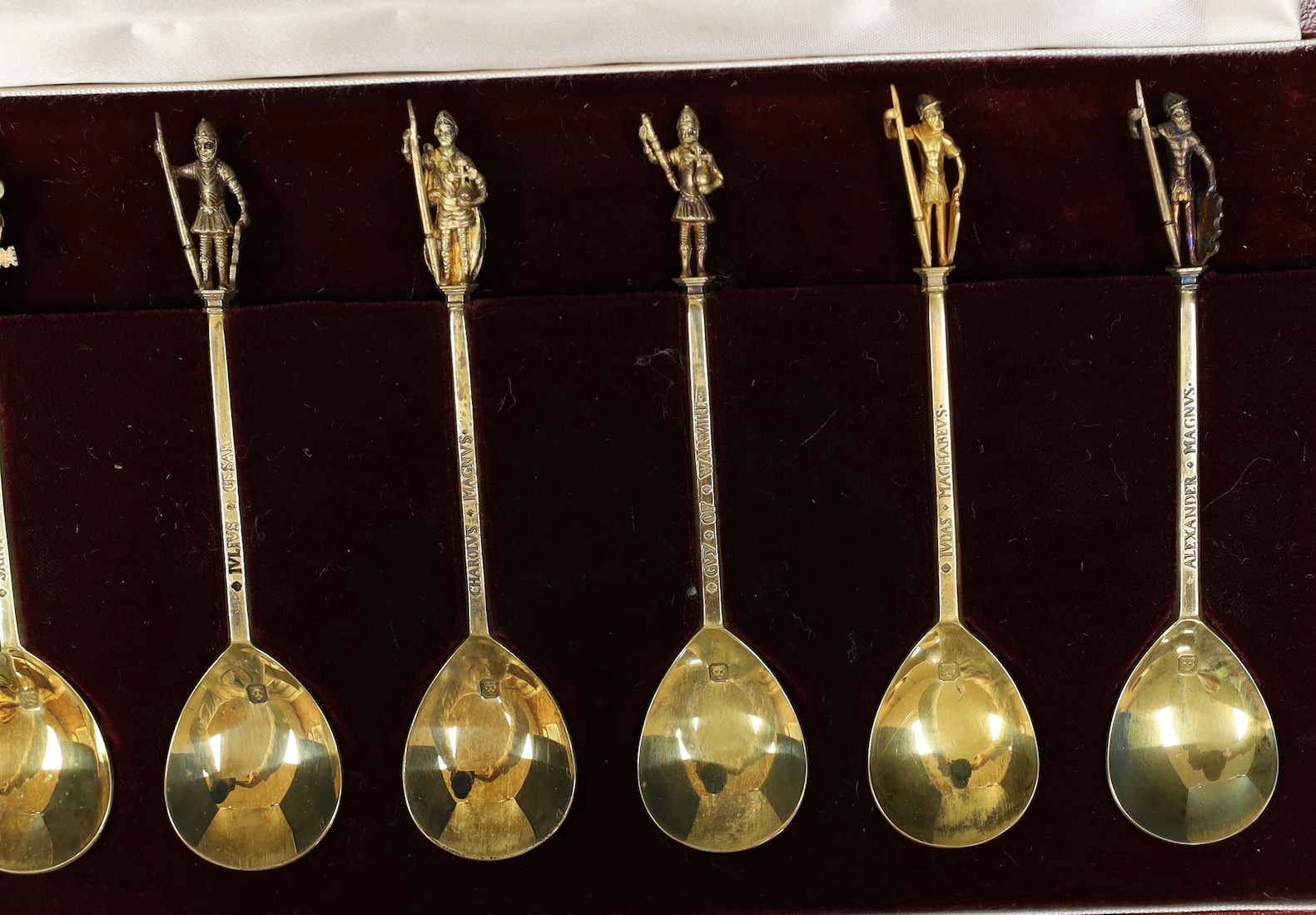 A modern cased set of twelve parcel gilt silver commemorative 'The Titchbone Spoons', The Birmingham Mint, Birmingham, 1954/55.